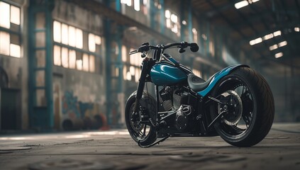 A blue motorcycle is parked in a garage, its shiny wheel and treaded tire visible next to the fender. The vehicles automotive lighting reflects in the window - obrazy, fototapety, plakaty
