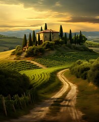 Tuscany landscape with grain fields, cypress trees and houses on the hills at sunset. Summer rural landscape with curved road in Tuscany, Italy, Europe