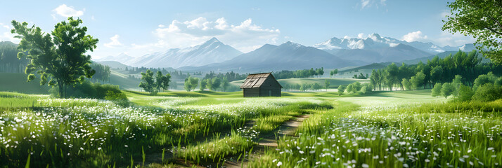 A serene journey into nature's heart: Lush green fields, towering mountains, and a clear serene sky - obrazy, fototapety, plakaty