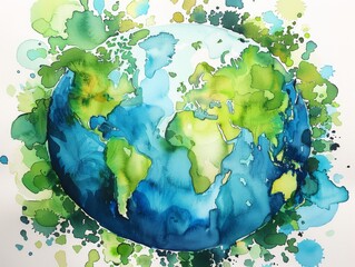 A painting of the earth with green and blue colors
