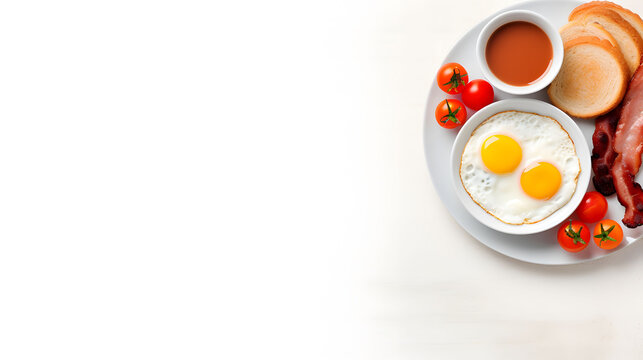 Full English breakfast with eggs, bacon, tomatoes, beans, and toast on a plate. Top view with copy space on a white background. Food and cuisine concept. Design for restaurant menus, food blogs