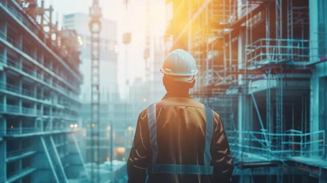 rear view of professional engineer manager standing concentrate focus multi exposure with building construction industry background construstion engineer concept 