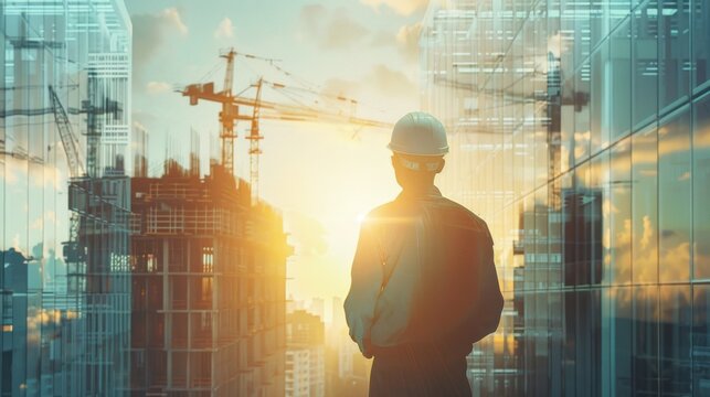 rear view of professional engineer manager standing concentrate focus multi exposure with building construction industry background construstion engineer concept 