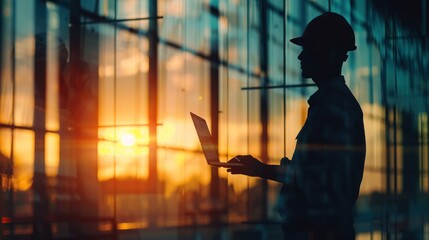 Silhouette of engineer using laptop to control work 