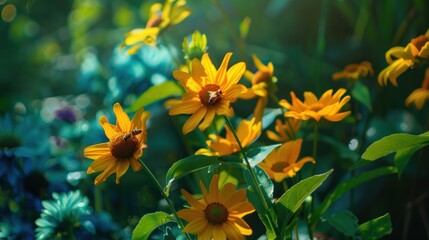 Obraz premium Small yellow bright summer flowers and bee on a background of blue and green foliage in a fairy garden. Macro artistic image. Banner format 