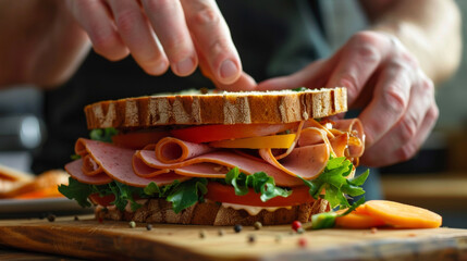 A closeup of hands assembling a perfectly layered sandwich filled with layers of deli meat cheese and vegetables on a wooden ting board.