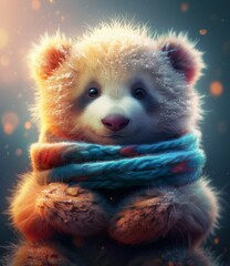 A cute stuffed bear wearing a blue and white scarf