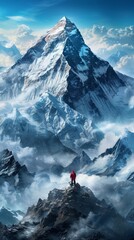 Fototapeta premium A man stands on a mountain peak, looking out over a snowy landscape