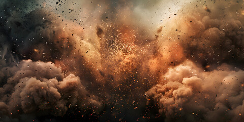 Abstract brown dust explosion on black background for Smoke and debris filling the closeup frame as bombs explode in the distance concept background and wallpaper  - obrazy, fototapety, plakaty