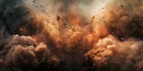 Foto op Plexiglas Abstract brown dust explosion on black background for Smoke and debris filling the closeup frame as bombs explode in the distance concept background and wallpaper  © Faiza