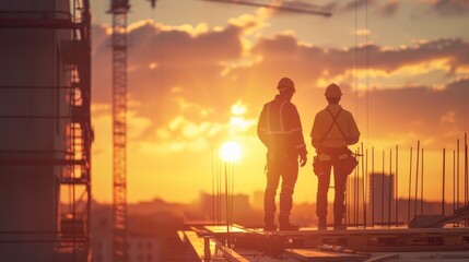 Fototapeta premium Two construction workers on a building site at sunset,