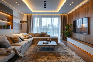 An inviting living room featuring a cozy couch, a stylish coffee table, and a sleek television. The space is enhanced with warm lighting and elegant wood fixtures