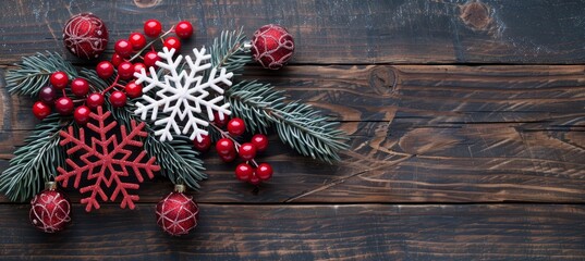 Festive christmas background with pine branch and snowflake border, copy space available - obrazy, fototapety, plakaty