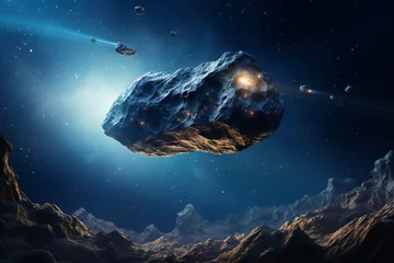 Foto op Aluminium An asteroid carrying rare minerals attracts the attention of UFOs, leading to a covert mining operation in deep space © chayantorn