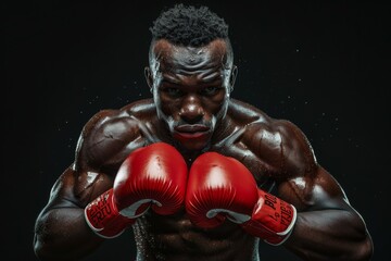 Portrait of a boxer in red gloves ready for the fight