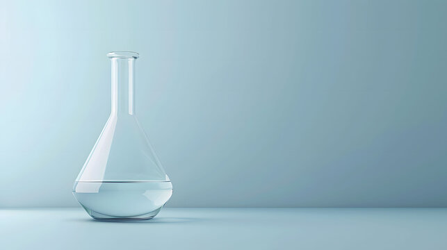 Glass Erlenmeyer flask on a blue gradient background. with copy space. Science and laboratory research concept for scientific publications, educational materials, laboratory service advertising