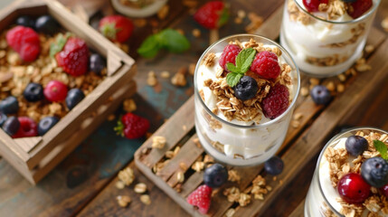 Fototapeta na wymiar Sitting on wooden crates the group indulges in creamy yogurt parfaits topped with juicy berries and crunchy granola.