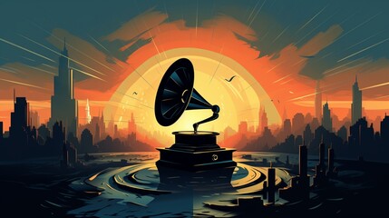 Silhouette of a classic gramophone against a digital vector skyline, symbolizing audios journey through time
