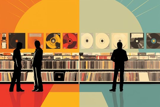 Vinyl record shops and online music stores, a digital vector comparison of buying music, then and now