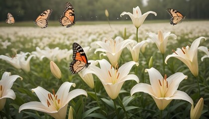 Butterflies Fluttering Around A Field Of Lilies Upscaled 4 - obrazy, fototapety, plakaty