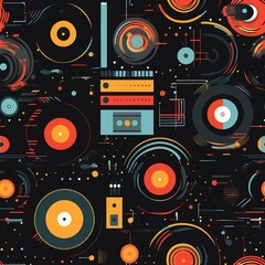 Seamless pattern of vintage vinyl and modern digital sound waves, a vibrant vector celebration of music history