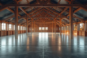 Modern spacious barn interior with empty open space and polished floor