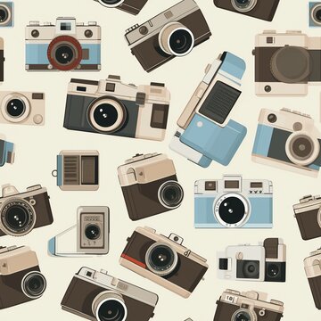 Seamless background of analog cameras and digital photography tech, a vector snapshot of image capturing