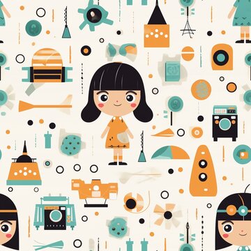 Seamless pattern with Lol Surprise dolls in vintage dresses, for a nostalgic girlish fashion line