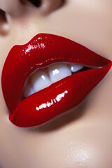 Obraz premium A woman's lips are painted red with a glossy finish