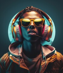 A man wearing sunglasses and headphones is posing for a photo