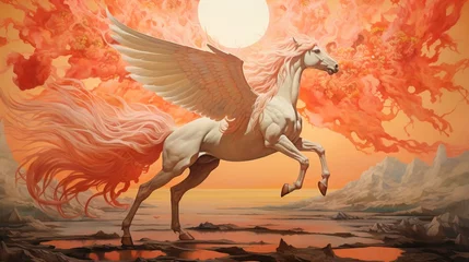 Gardinen A Pegasus in mid-transfiguration, its feathers transforming into shimmering salmon roe, against a backdrop of nirvanic bliss © chayantorn