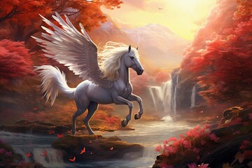 Obraz na płótnie Canvas Digital painting of a serene landscape where salmon roe rivers flow beneath a Pegasus in flight, embodying harmony and peace