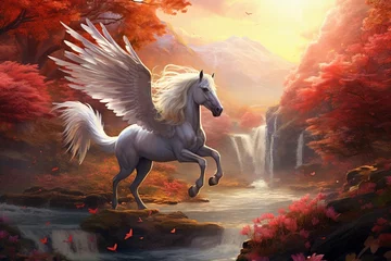Foto op Canvas Digital painting of a serene landscape where salmon roe rivers flow beneath a Pegasus in flight, embodying harmony and peace © chayantorn