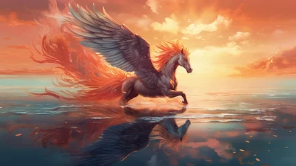 Fotobehang Illustration of a mythical Pegasus soaring above a tranquil sea, its reflection merging with salmon roe in perfect harmony © chayantorn