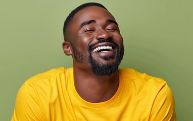 A man with a beard and a yellow shirt is smiling