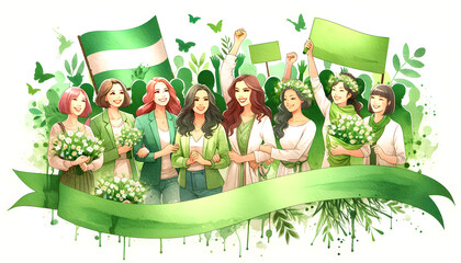 Fototapeta premium Happy group of women celebrating International Women's Day in watercolor style, with green hues.