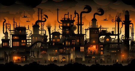 a stylized industrial factory with multiple pipes and smoke - Powered by Adobe