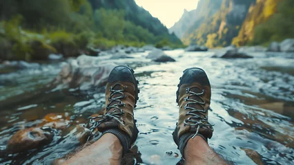 Crédence de cuisine en verre imprimé Kaki boots of a traveler in a mountainous landscape and a lake