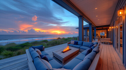 Beach house - blue with brown trim - fire pit - outdoor seating - entertainment space - stylish design - vacation - getaway - holiday 