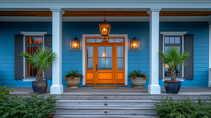 Beach house -Close-up of front entrance -  blue with brown trim - stylish design - vacation - getaway - holiday 