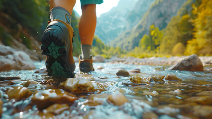 Primer plano del hombre de sus botas de montaña de cuero. El excursionista se muestra en movimiento, con un pie levantado del suelo y el otro plantado en el sendero. Generativa A - obrazy, fototapety, plakaty