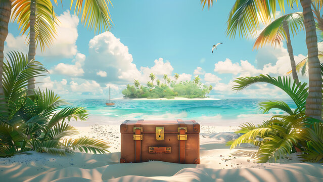 banner de tiempo de viaje de vacaciones, maleta de viaje con destino ex&oacute;tico dentro con &aacute;rea de espacio de copia