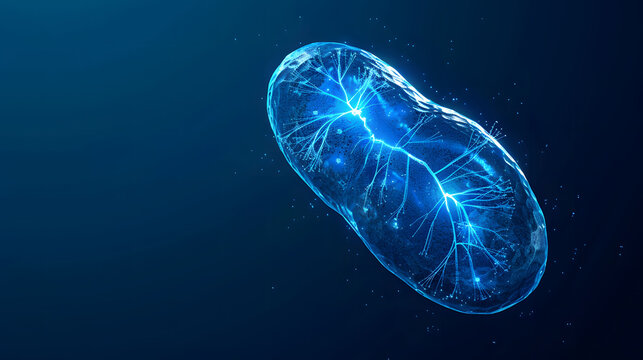 Digital illustration of a glowing blue mitochondrion on a dark blue background. Biotechnology and cellular energy concept. Design for educational materials, scientific articles, and health infographic
