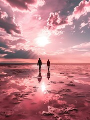 Two people walking on a beach with pink water. Generative AI.