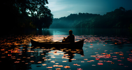 a man in a canoe on a lake with lily pads - obrazy, fototapety, plakaty
