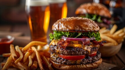 Gourmet burgers with crispy fries and pints of cold beer on a wooden table