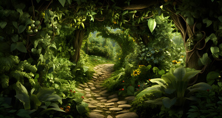 an open pathway in a forest filled with tropical vegetation