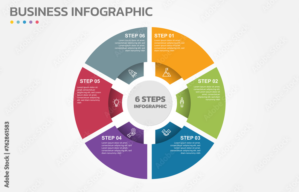 Poster Visual data presentation. Cycle diagram with 6 options. Pie Chart Circle infographic template with 6 steps, options, parts, segments. Business concept. Marketing infographic vector illustration.