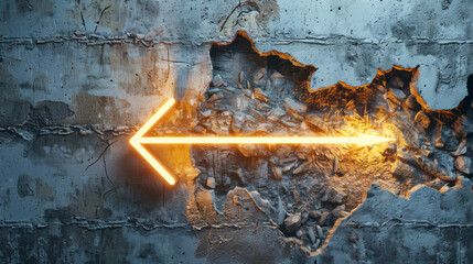 Glowing arrow breaking through wall on concrete background. Breakthrough and success concept.