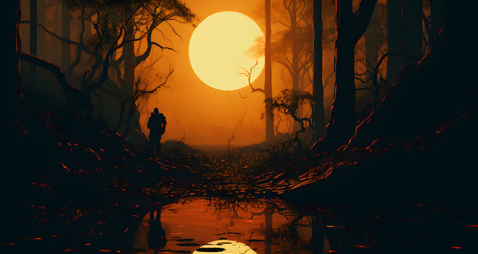 an image of a person in the woods during a sunset